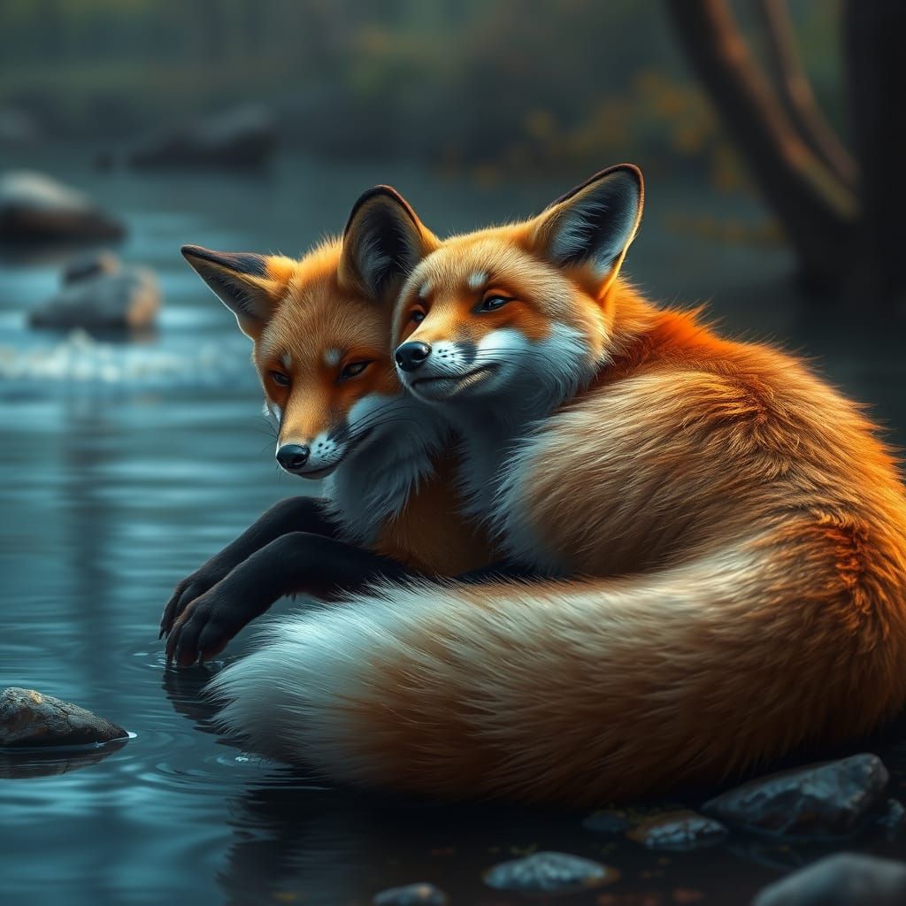 Foxes Relaxing by River: Detailed Matte Painting
