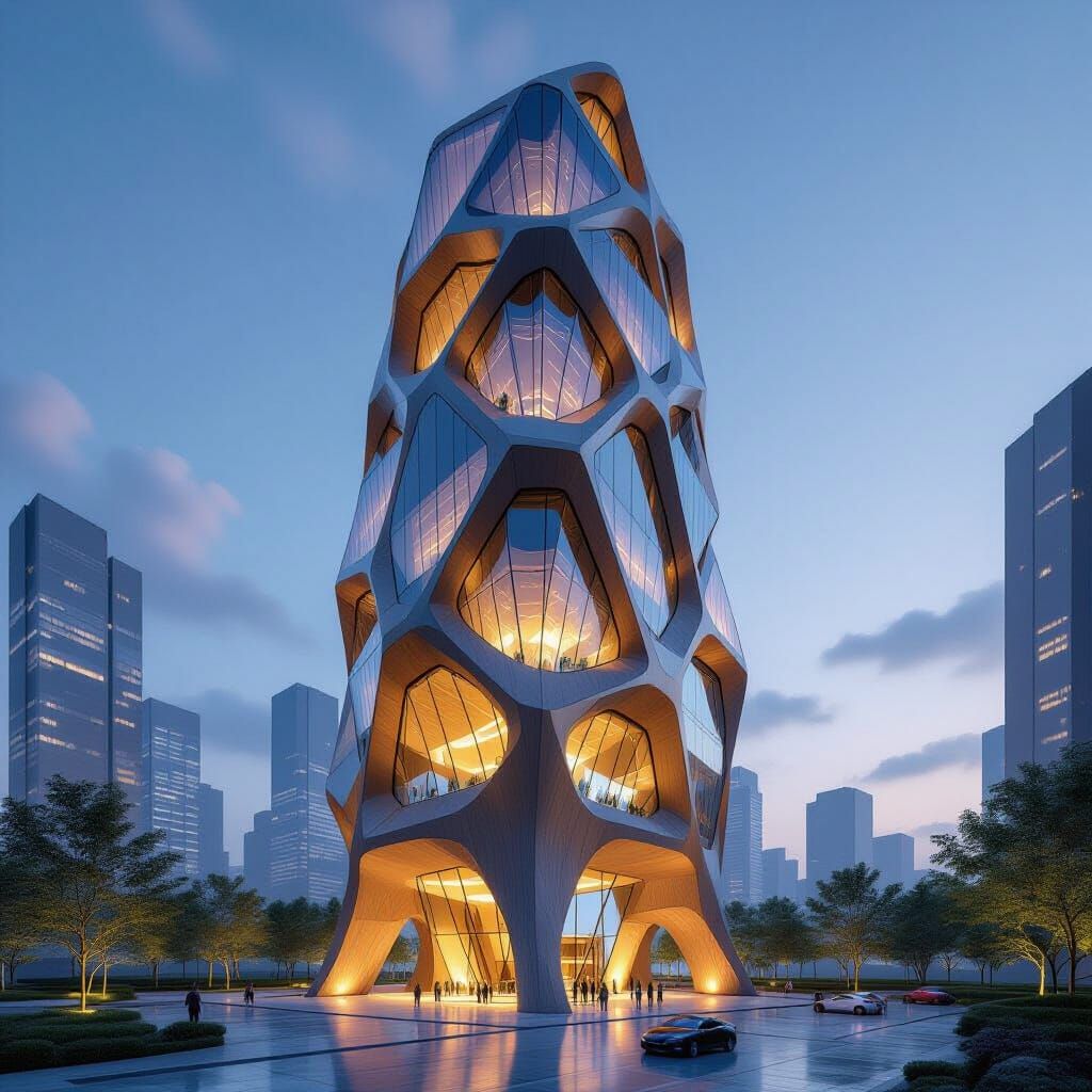 Futuristic Organic Skyscraper with Evolving Geometric Floors