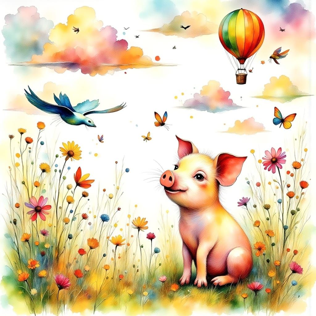 Whimsical Piglet in Watercolor Meadow