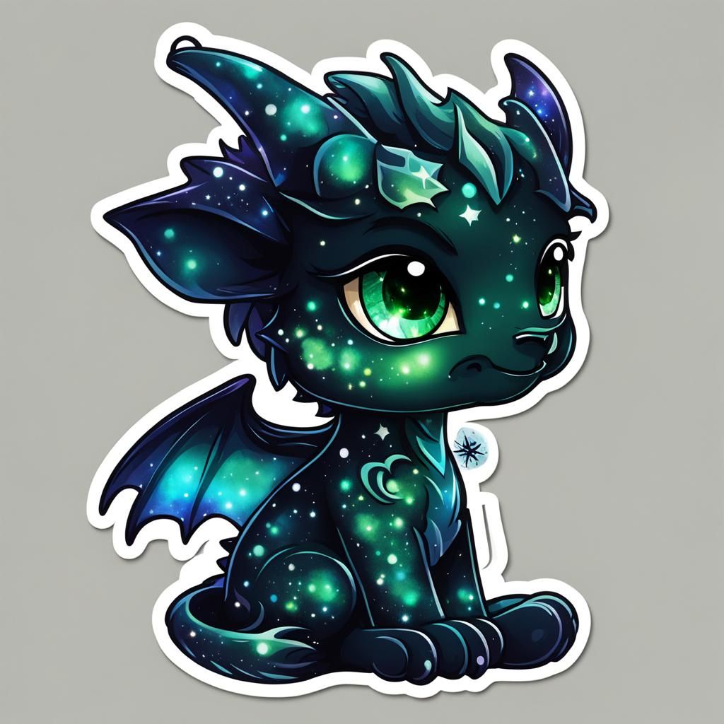 adorable baby black chibi aurora dragon with big galaxy star...