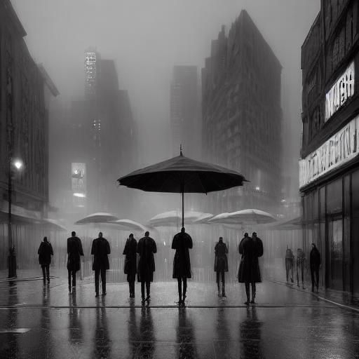 Gangsters Stroll Down a Rainy City Street