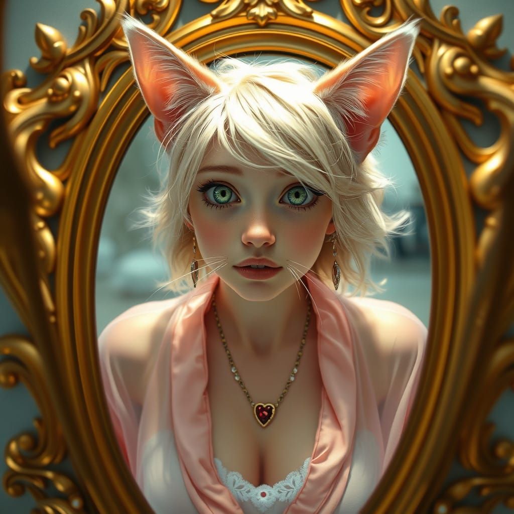Blonde Catgirl Admires Her Stunning Reflection in a Gold-Lea...