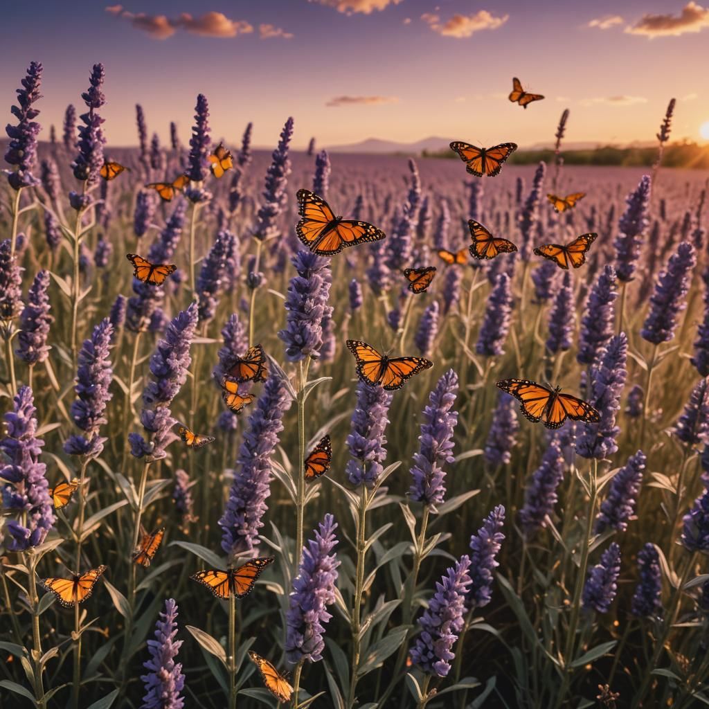 Monarch Butterflies in Lavender Field at Sunset