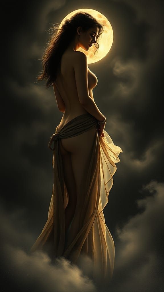 Ethereal Woman Silhouette in Moonlight and Fog