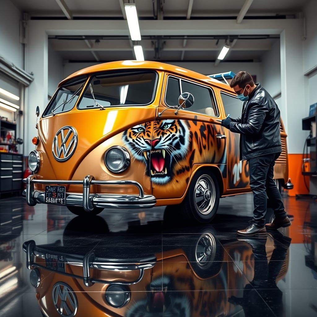 Airbrush Artist Paints Tiger on Bronze VW Bus