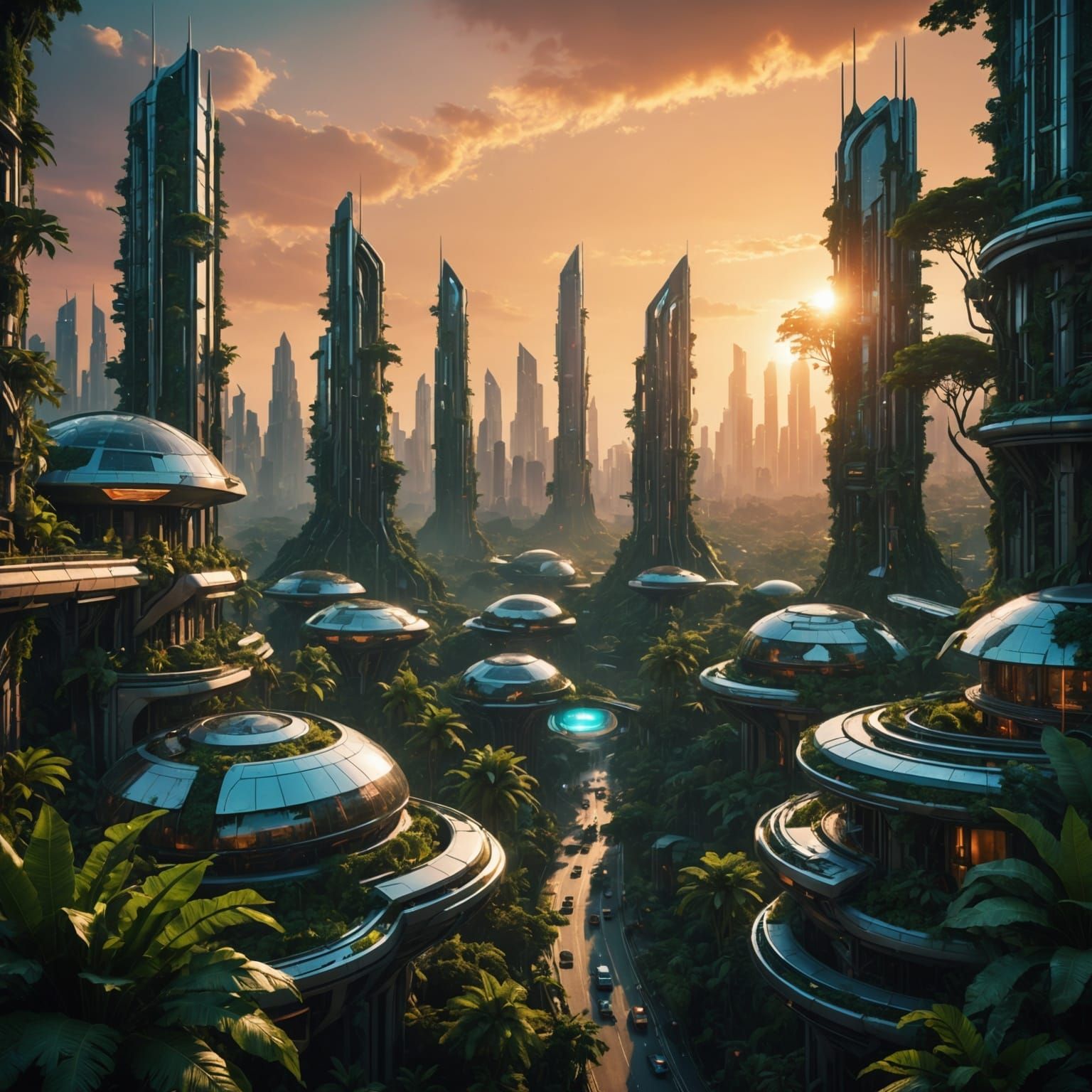 Futuristic Jungle City at Sunset in 8K