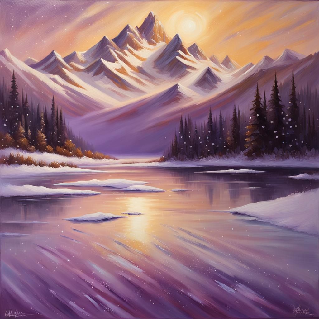 Purple Dawn Over Frozen Mountain Lake: Oil Painting
