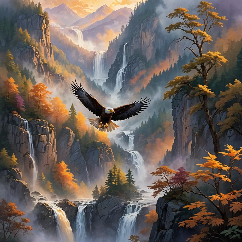 Eagle Soaring Over Misty Mountain Ridge at Dawn