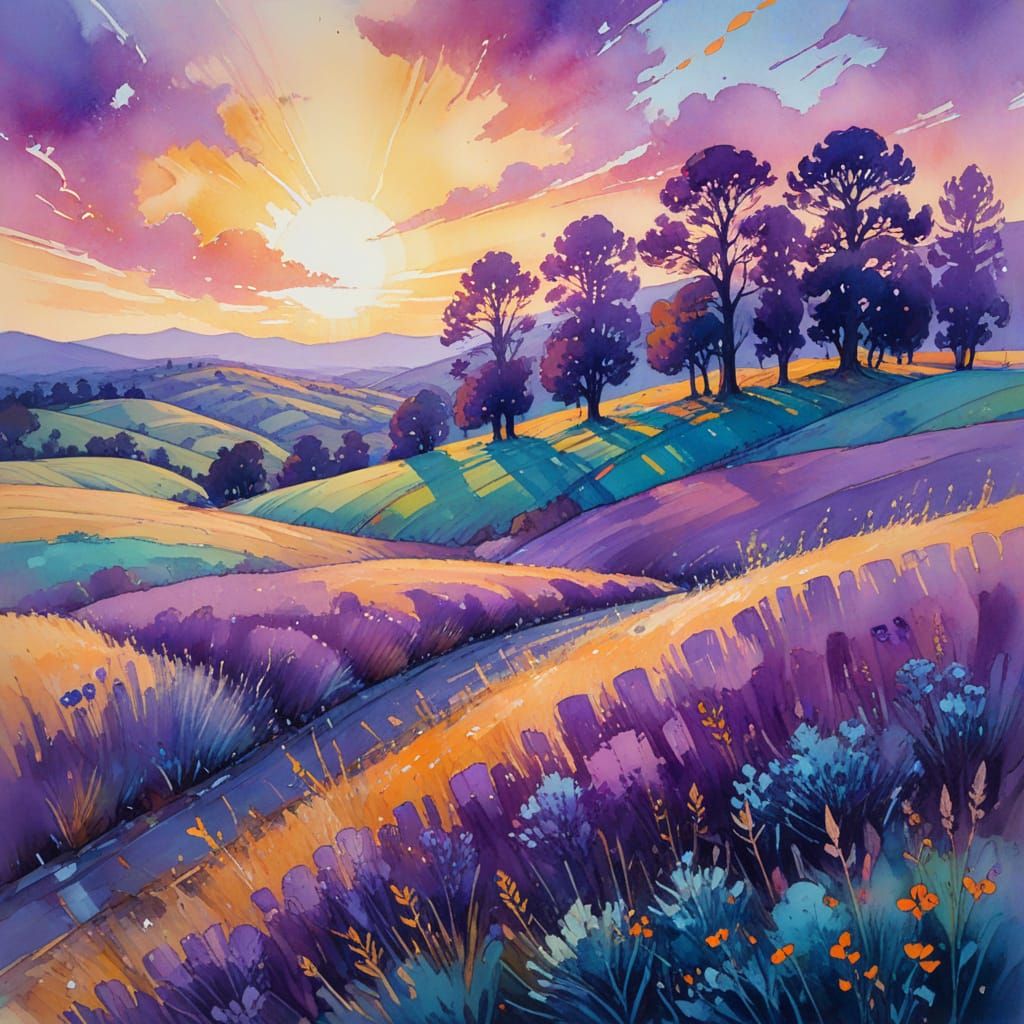 Dreamy Watercolor Landscape in Vibrant Blues and Purples