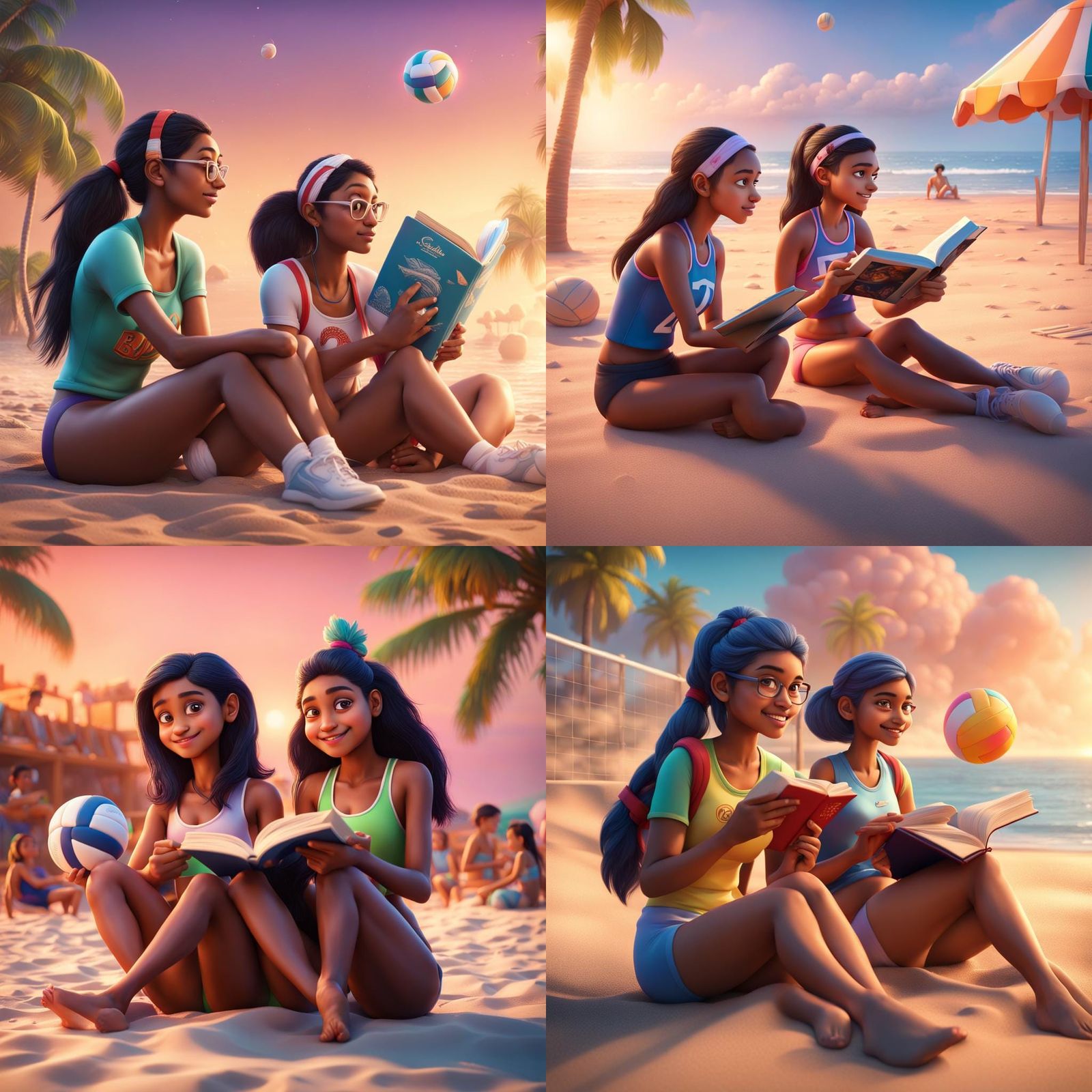 Girls on Beach Reading Books: 3D Digital Art