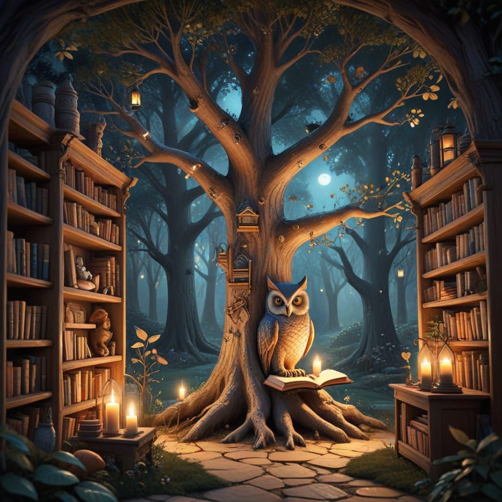 Picture a whimsical library inside a giant, hollowed-out tree, filled with towering shelves of ancient books and cozy re...