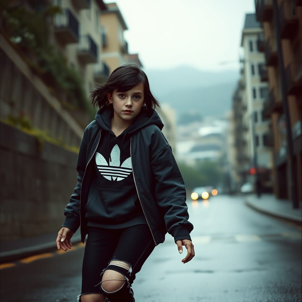 Teenage Skateboarder in Rainy City Street