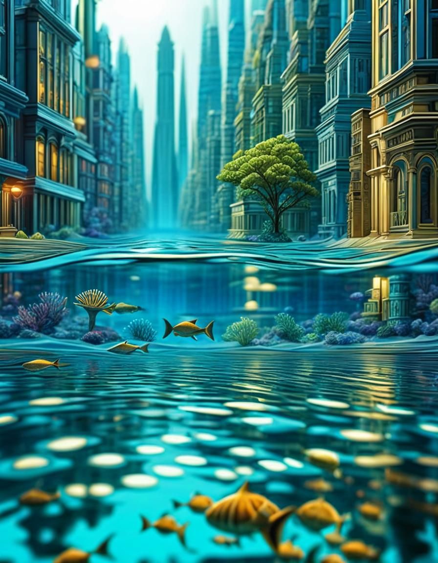 Underwater Dream View of Submerged City Street