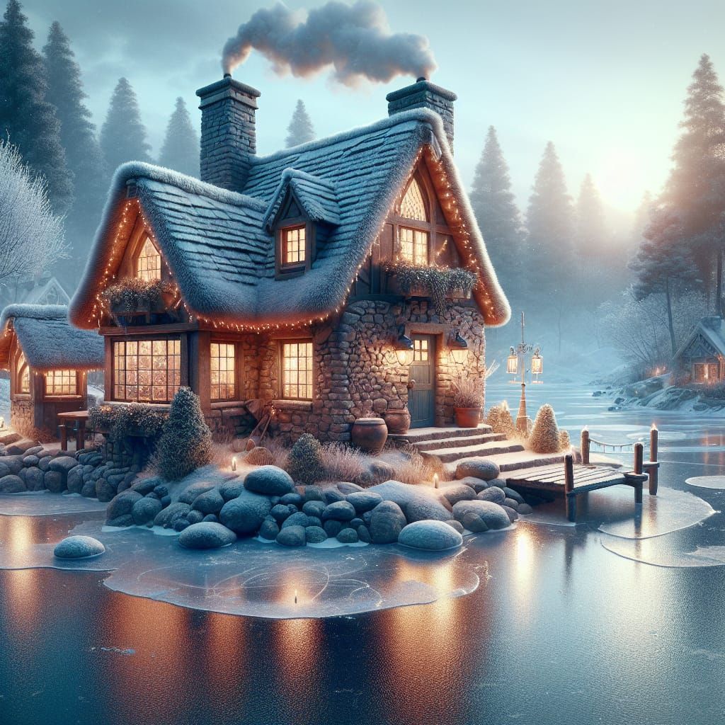Cozy Winter House by Frozen Lake