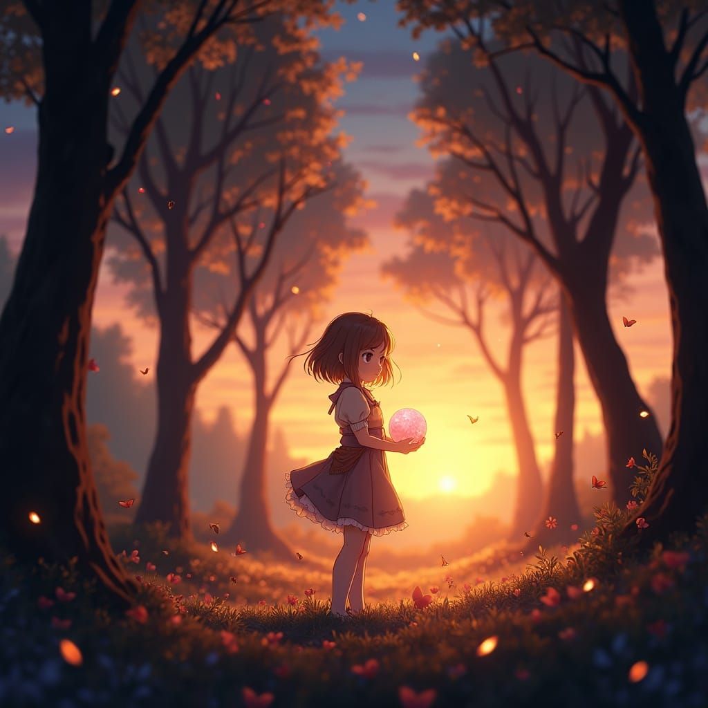 Anime Girl in Forest Clearing at Sunset with Glowing Orb