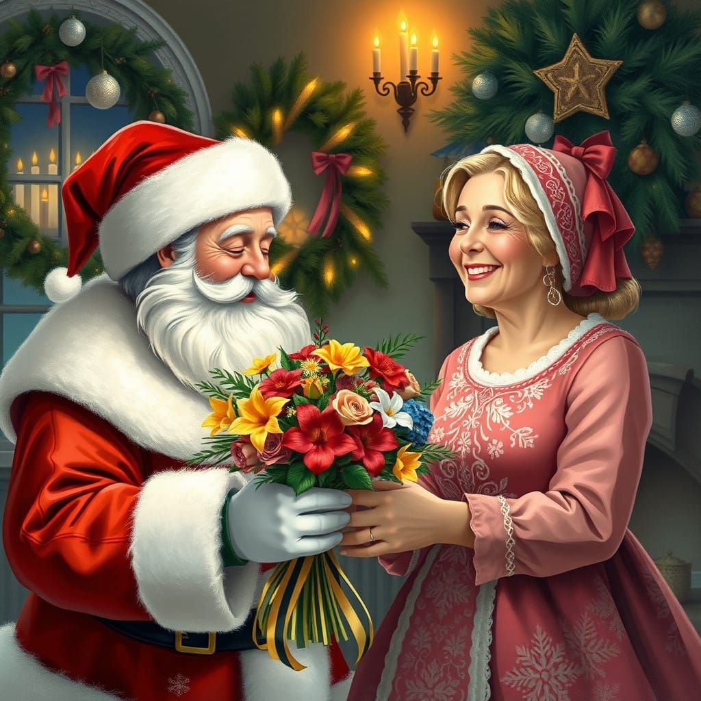 Jolly Santa Delivers Christmas Flowers to Merry Mother Noel