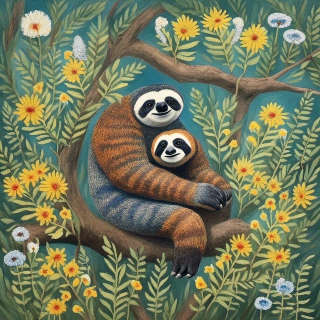 Sloth in Wildflower Tree, Naive Art Style