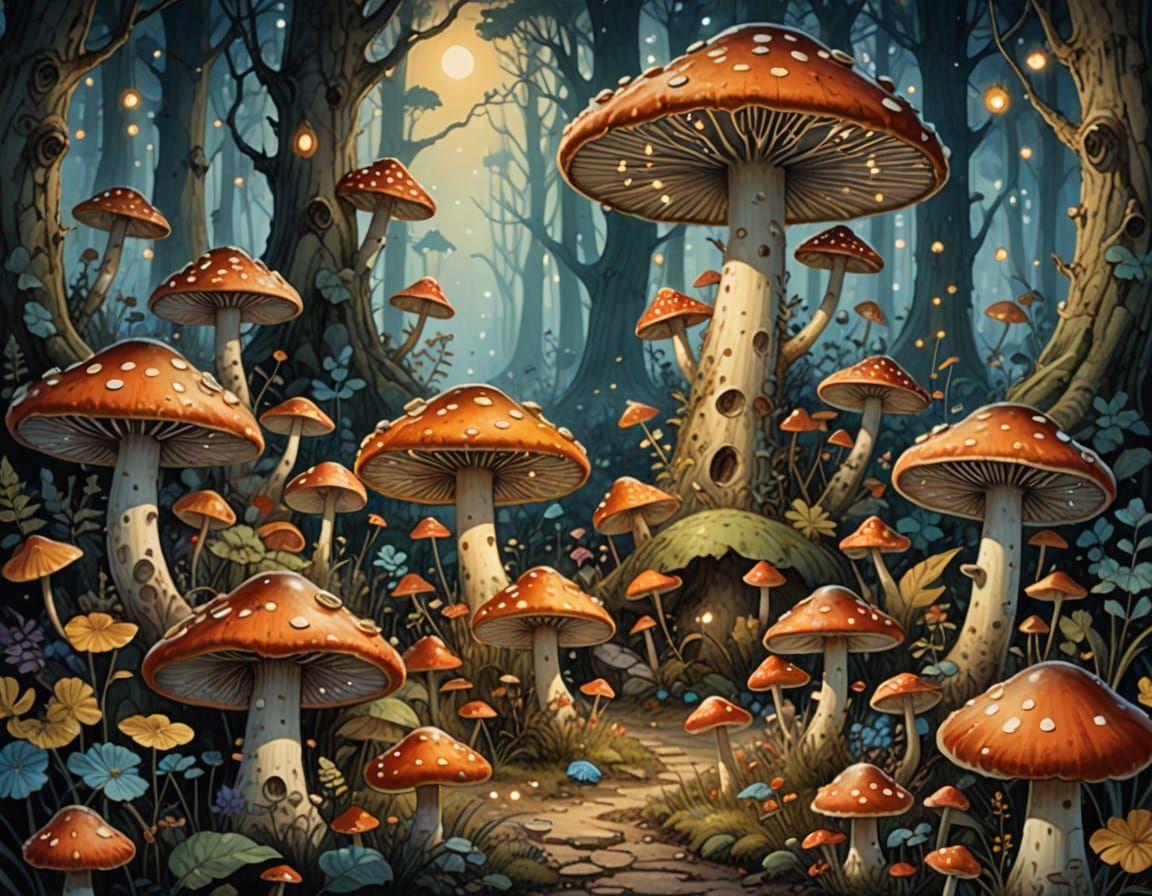 Enchanting Polka Dot Mushroom Fantasy Illustration
