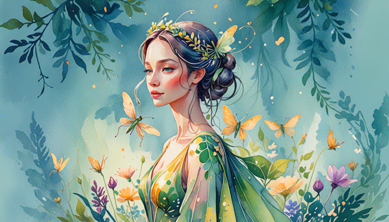 Whimsical Watercolor Lady Mantis in a Lush Floral Garden