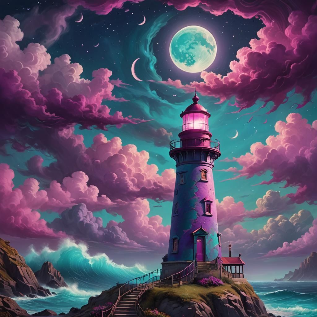 Turquoise Lighthouse with Magenta Lantern Room