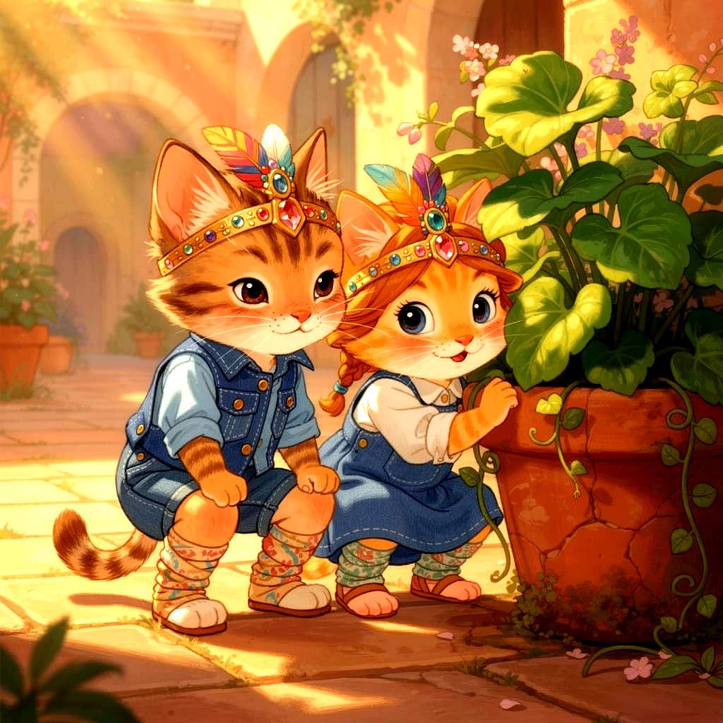 Kitten Children in Denim with Feathered Headbands