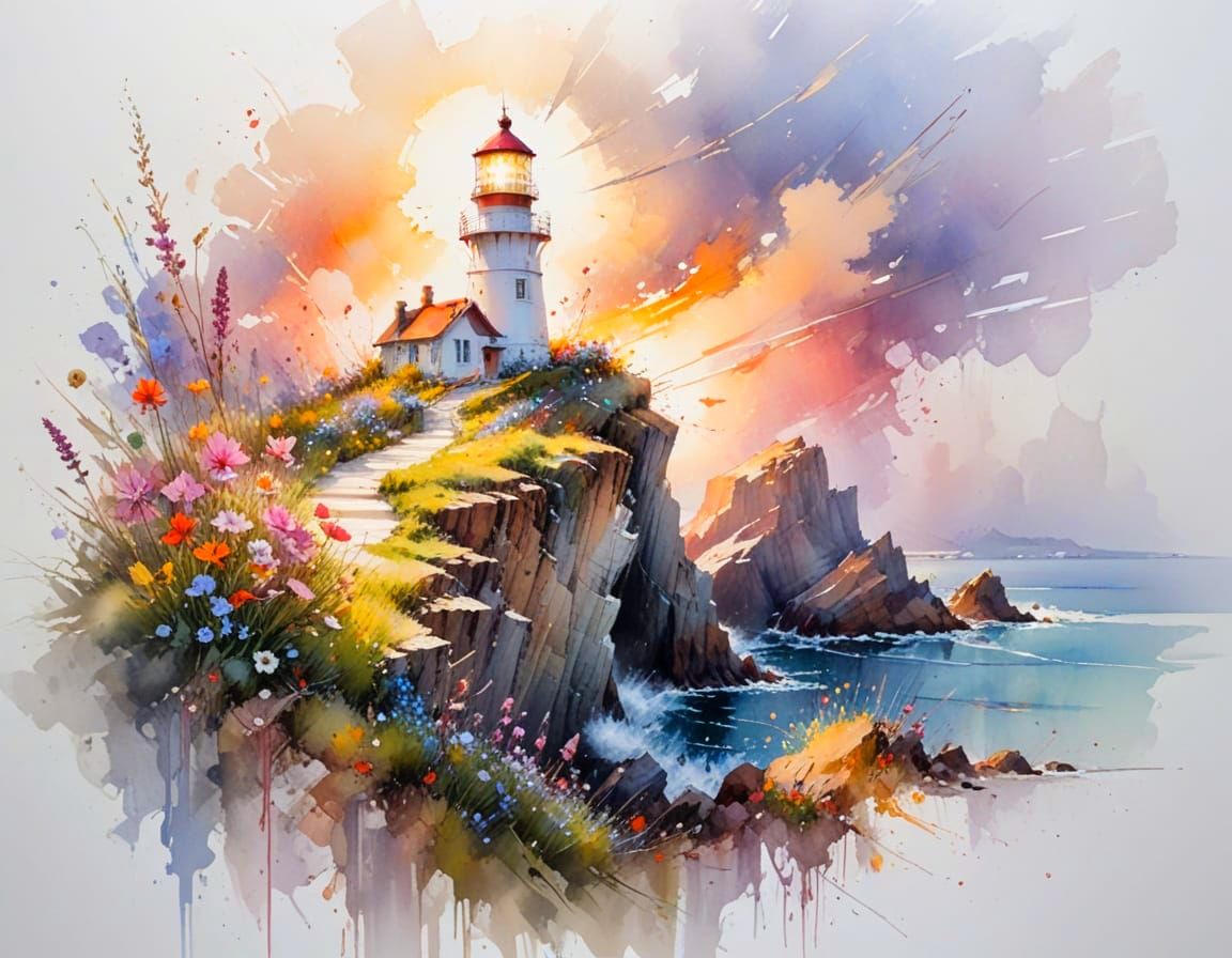 Charming Lighthouse on Sunlit Cliff Amidst Wildflowers