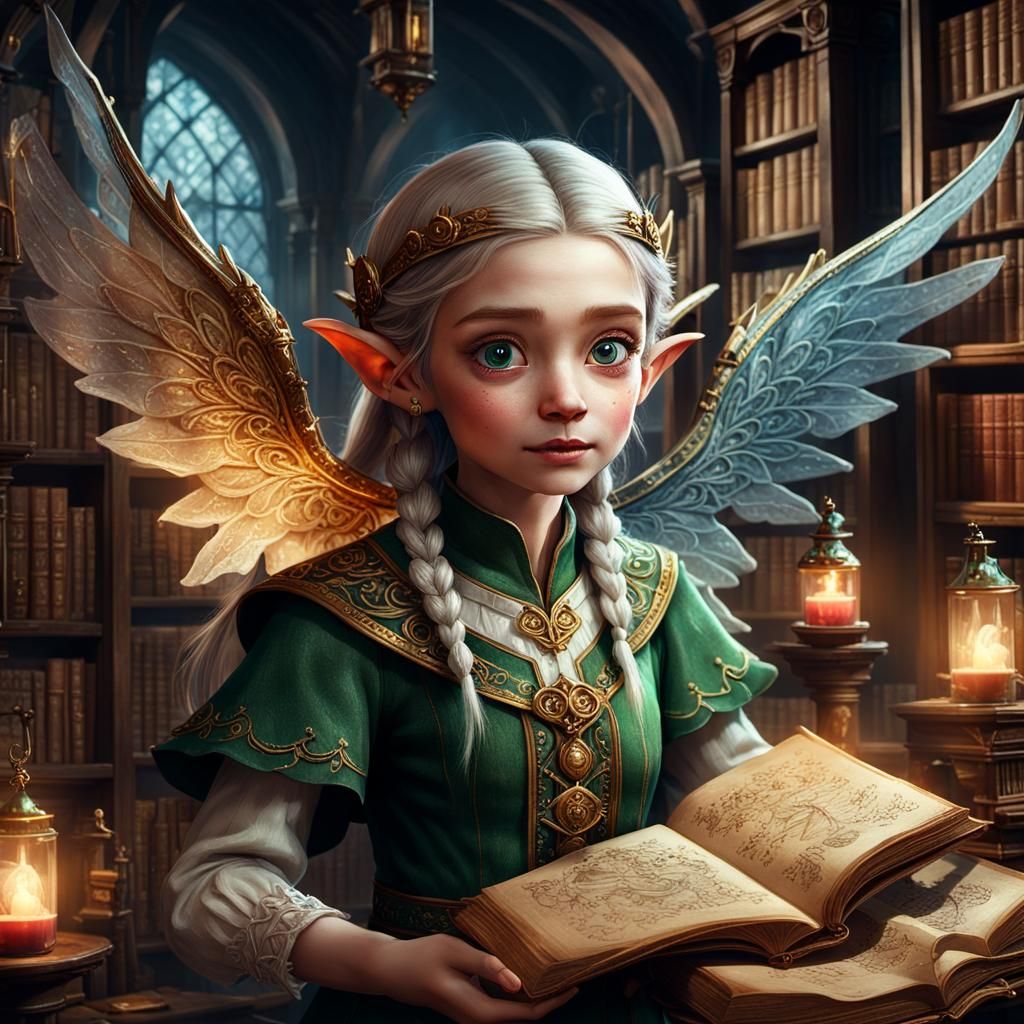 Enchanting Elf in Magical Library: Fantasy Concept Art