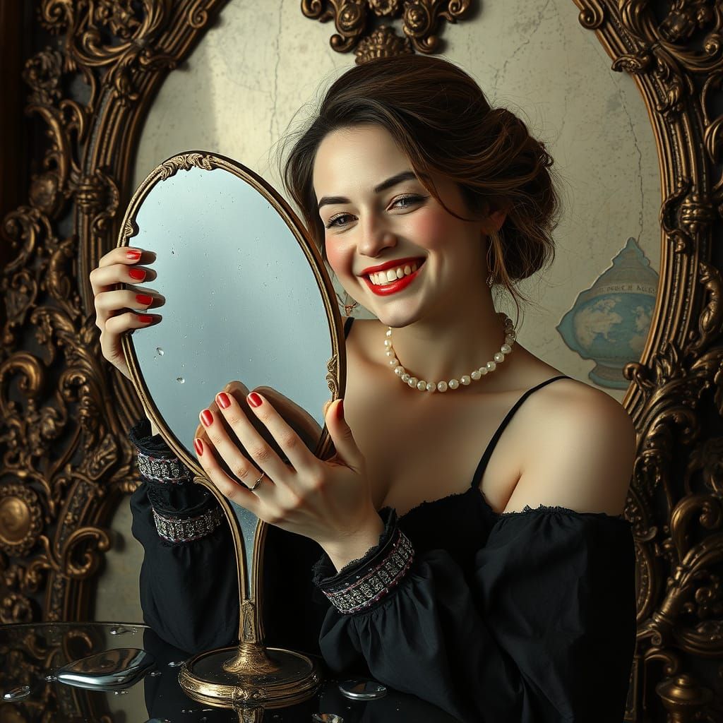 Woman Holding Melting Mirror in Hyperrealistic Style