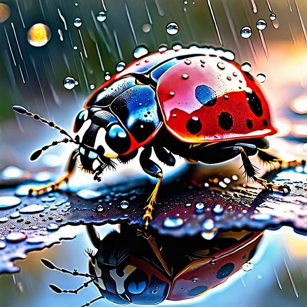 Ladybug in Rainy Galaxy: Stylized Watercolor Art