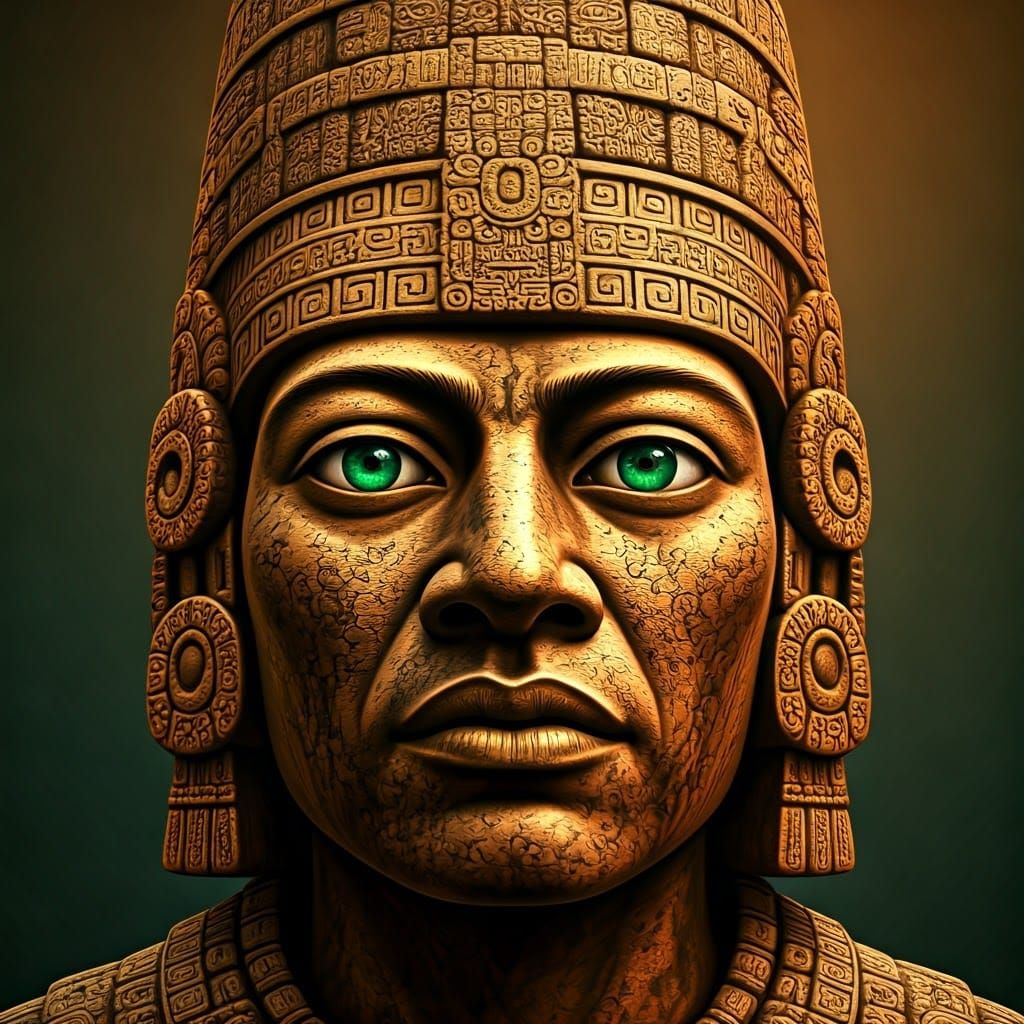 Golden Mayan Statue with Emerald Eyes in Art Nouveau Style