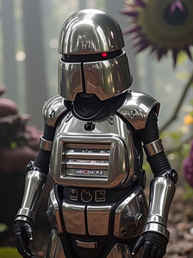 Chrome Cylon Robot Walks Through Alien Jungle