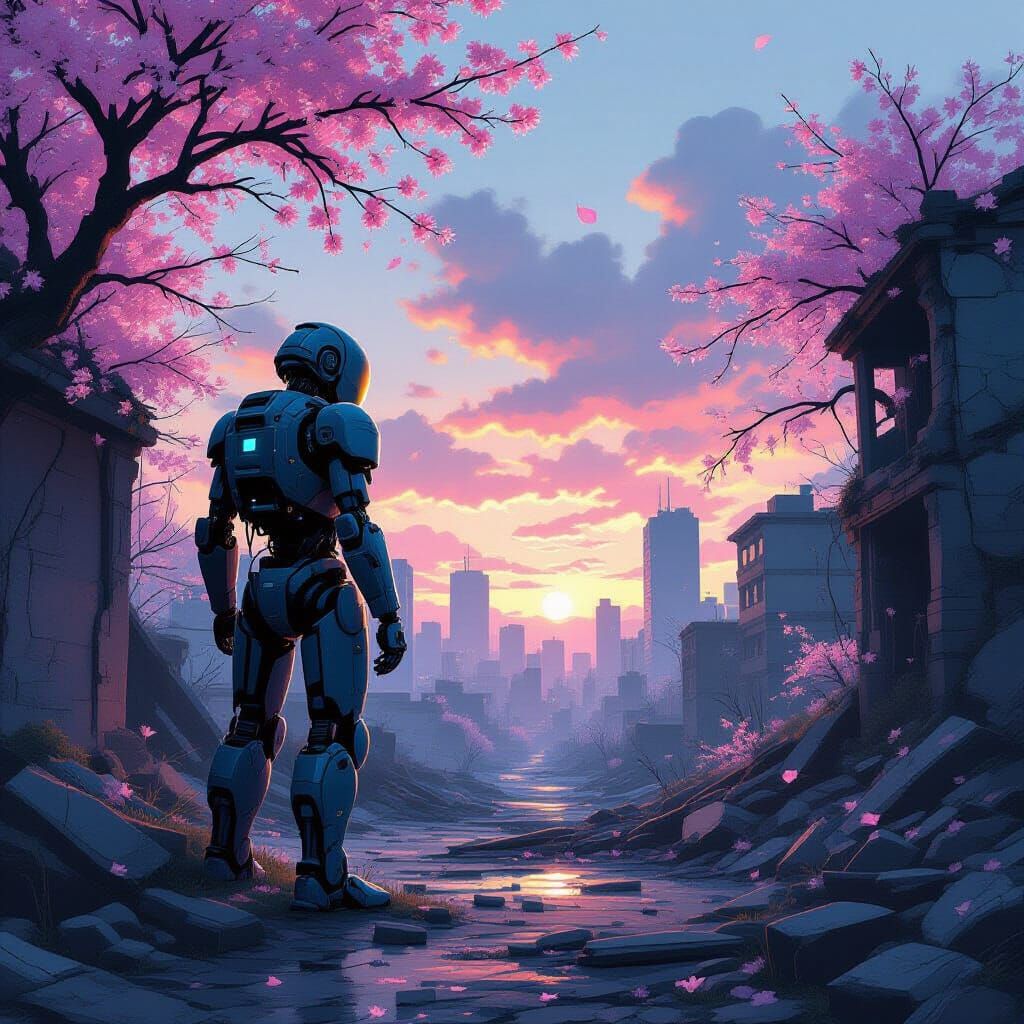 Robot in Sakura-Overgrown City Ruins at Twilight