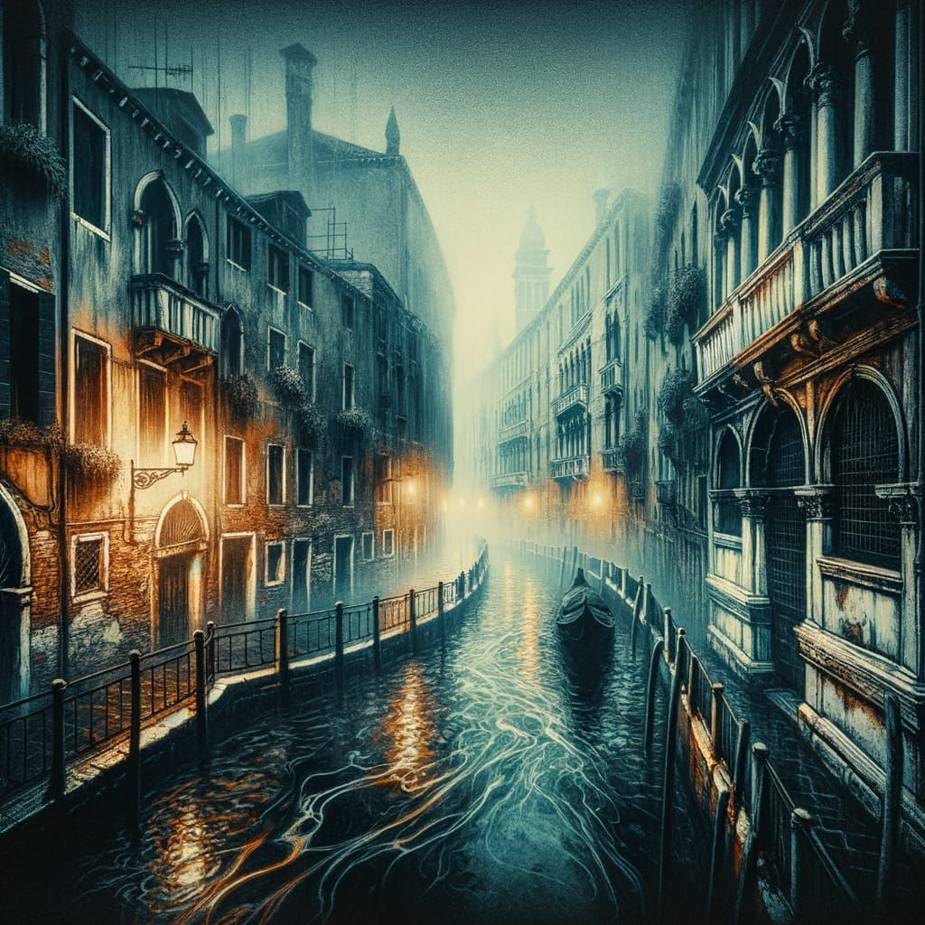 Venice Canal at Night in Film Still Style