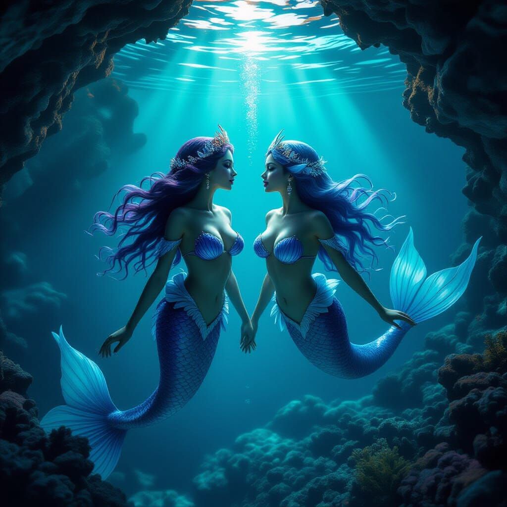 Mermaids in Bioluminescent Cave: Surreal Photorealism