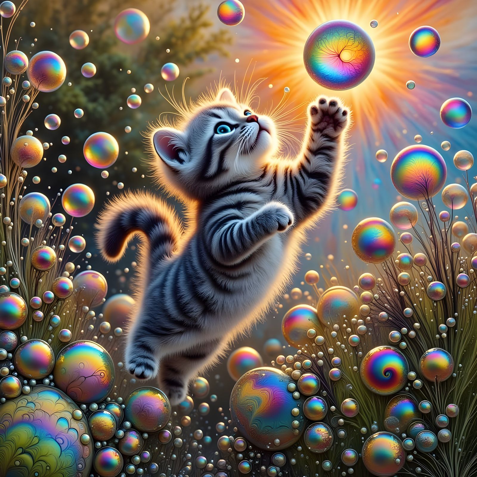 Kitten Chasing Iridescent Bubbles in Sunset Light