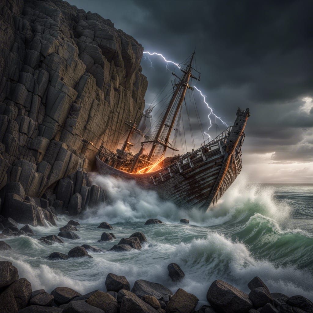 Viking Shipwreck in Lightning Storm