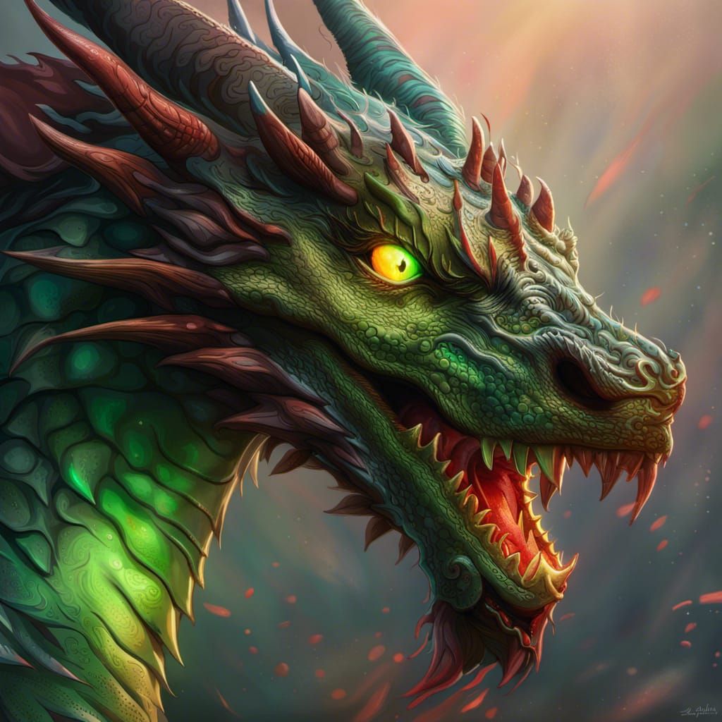 Glowing Green Dragon with Red Eyes