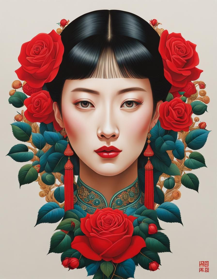 Woman with Red Rose Portrait in Chinese Style