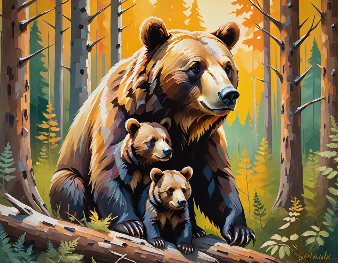 Mother Bear and Cubs in Expressionist Acrylic Painting
