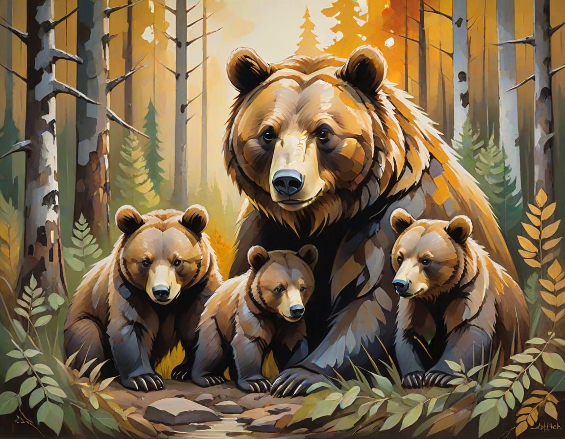 Mother Bear and Cubs in Forest, Acrylic Painting Style