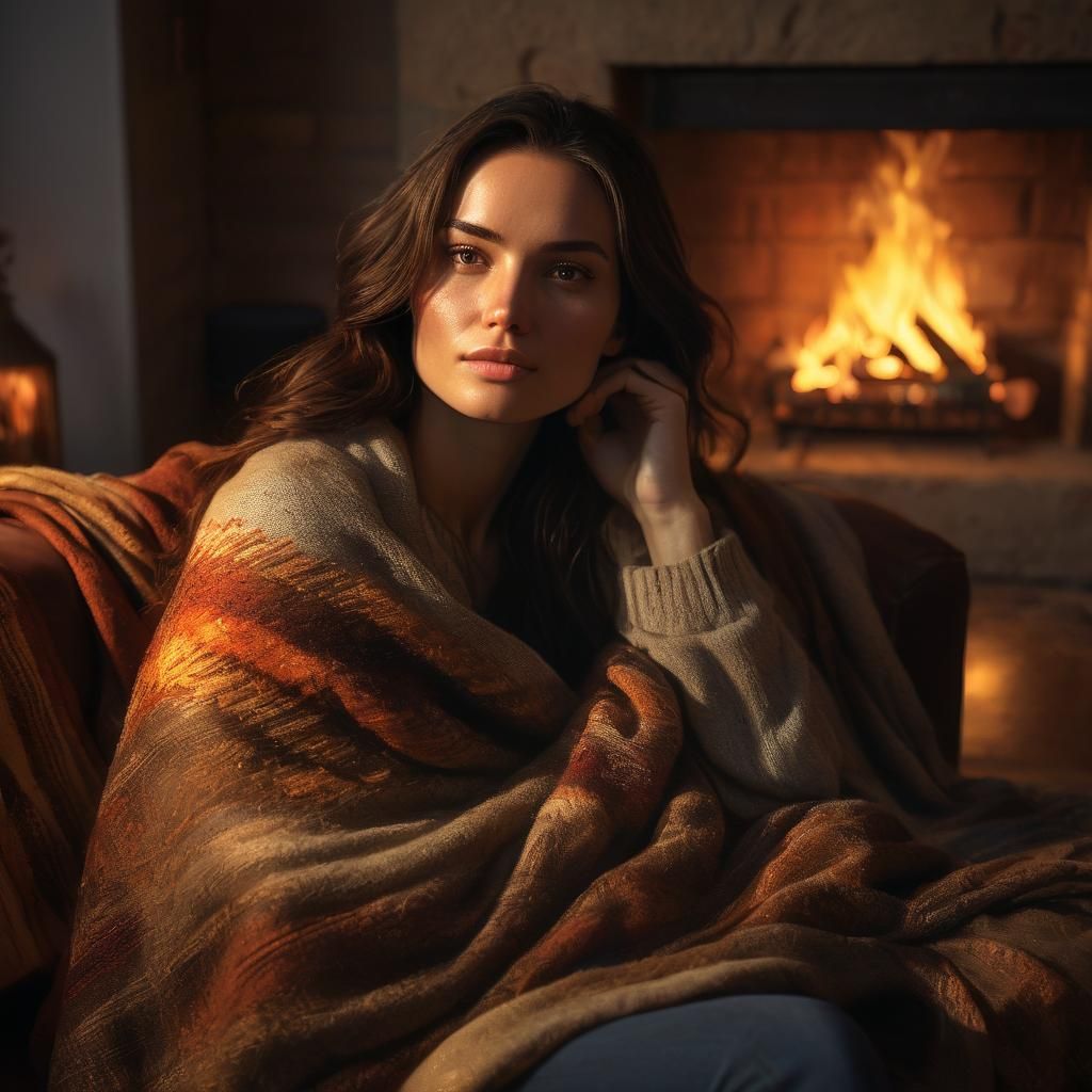 Hyperrealistic Portrait: Woman by Fireplace in Golden Light