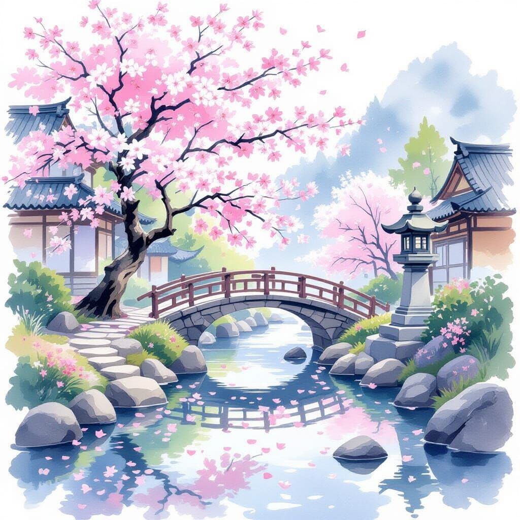 Cherry Blossom Garden in Watercolor Style