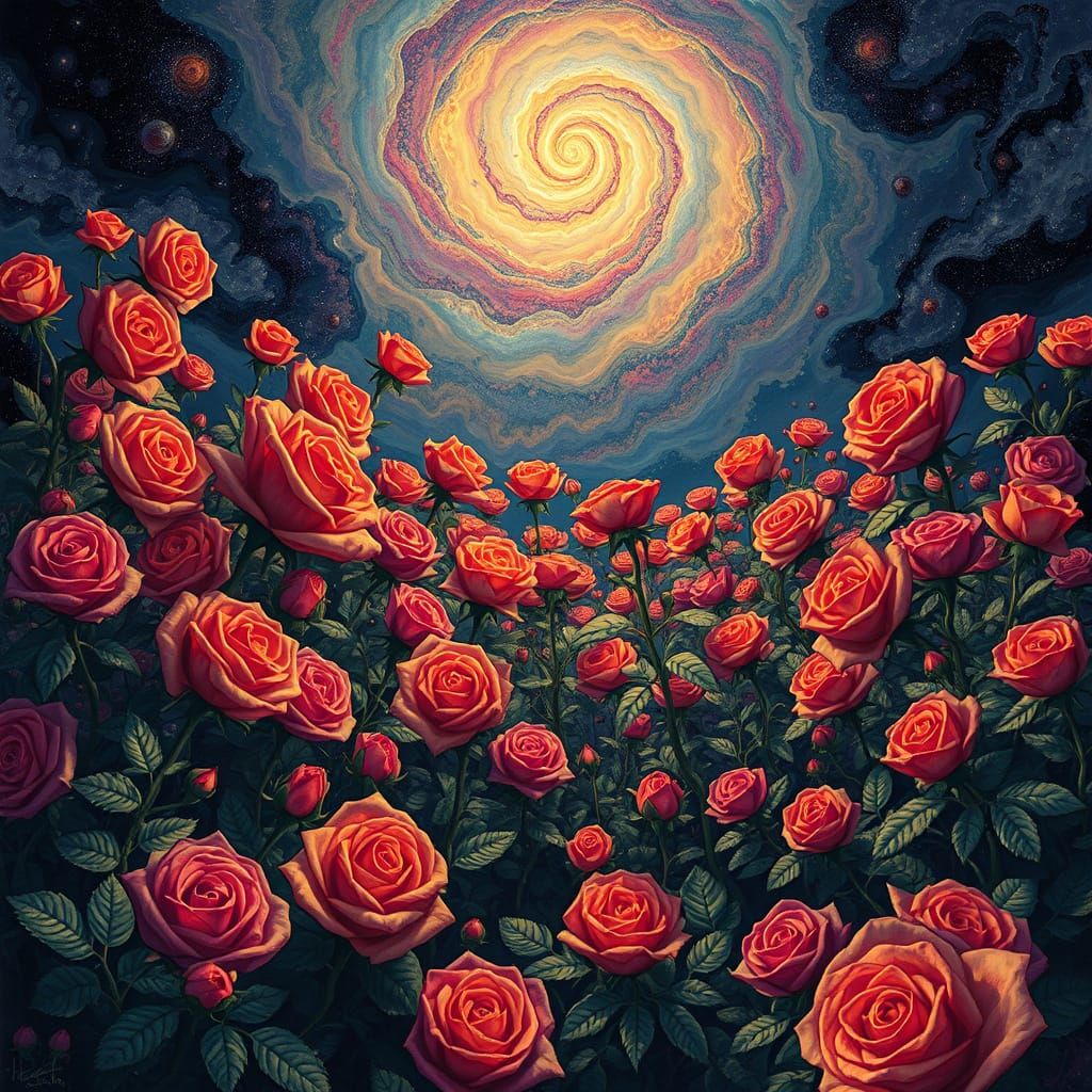 Psychedelic Roses Garden Under Swirling Nebular Sky