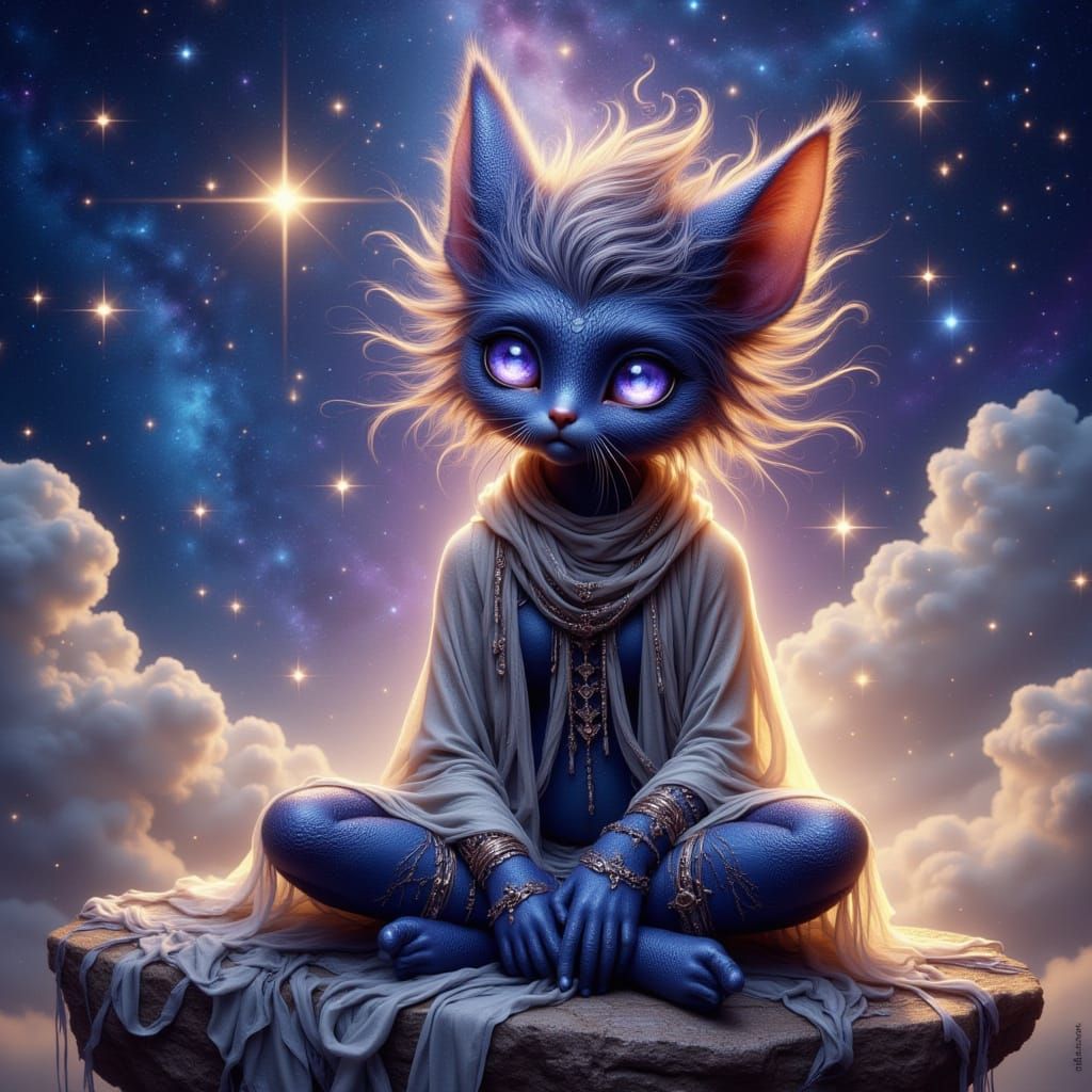 Astral Feline Monk Radiates Wisdom in Celestial Whimsy