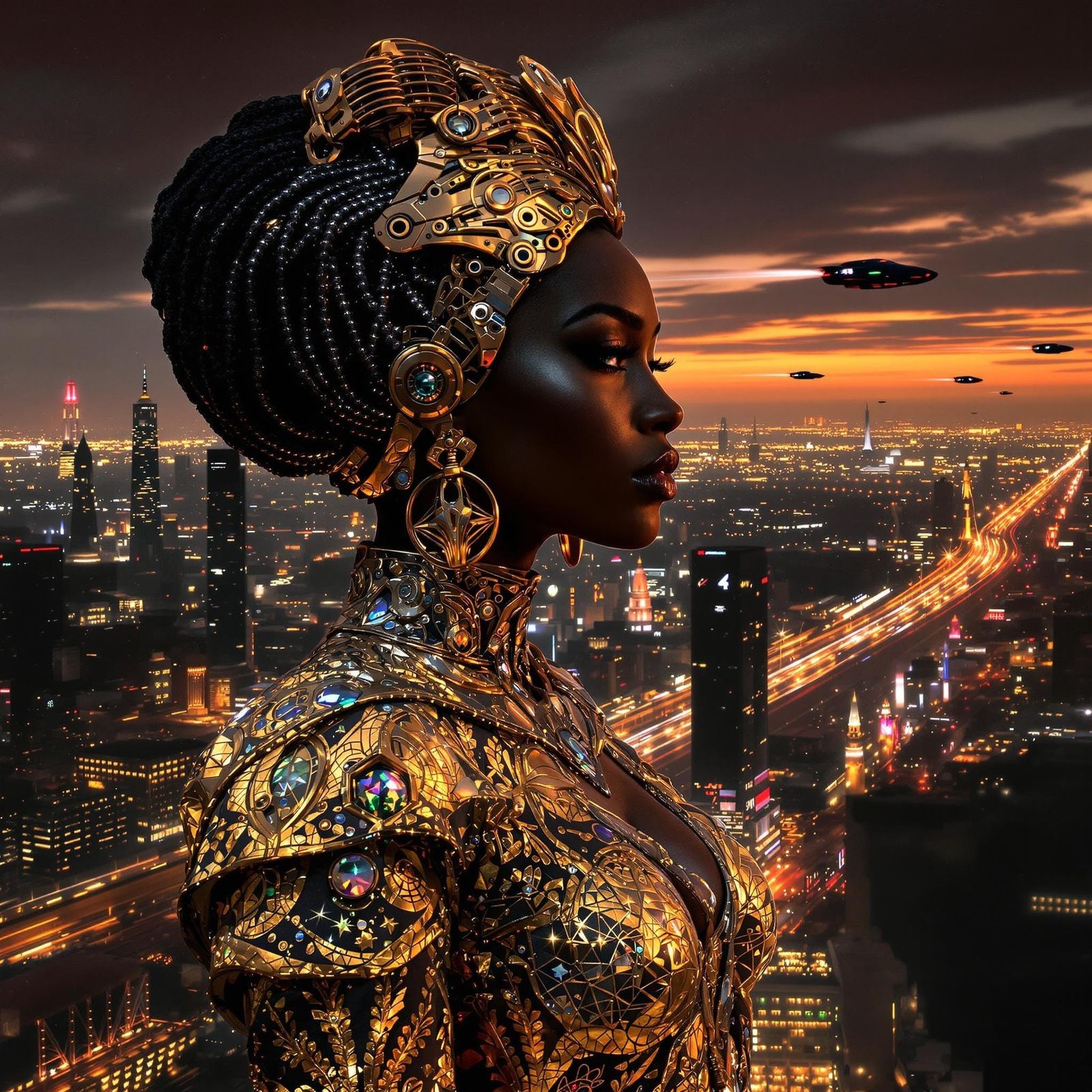 Afrofuturistic Woman in Cyberpunk Cityscape