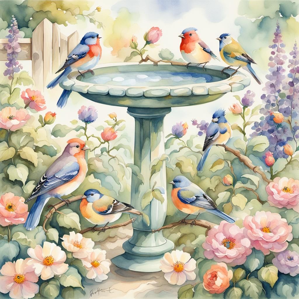 Birdbath in Whimsical Watercolor Garden Scene