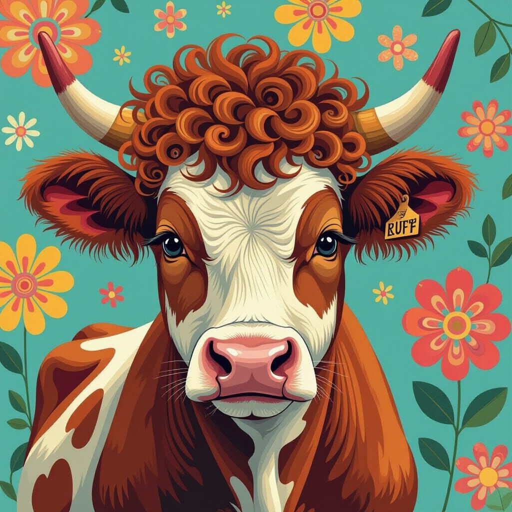 Playful Curly Cow in Vibrant Abstract Patterns