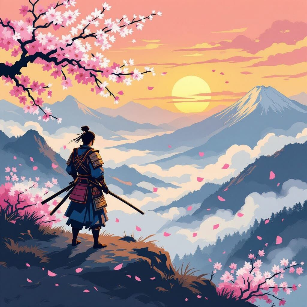 Samurai Warrior in Misty Valley Ukiyo-e Style