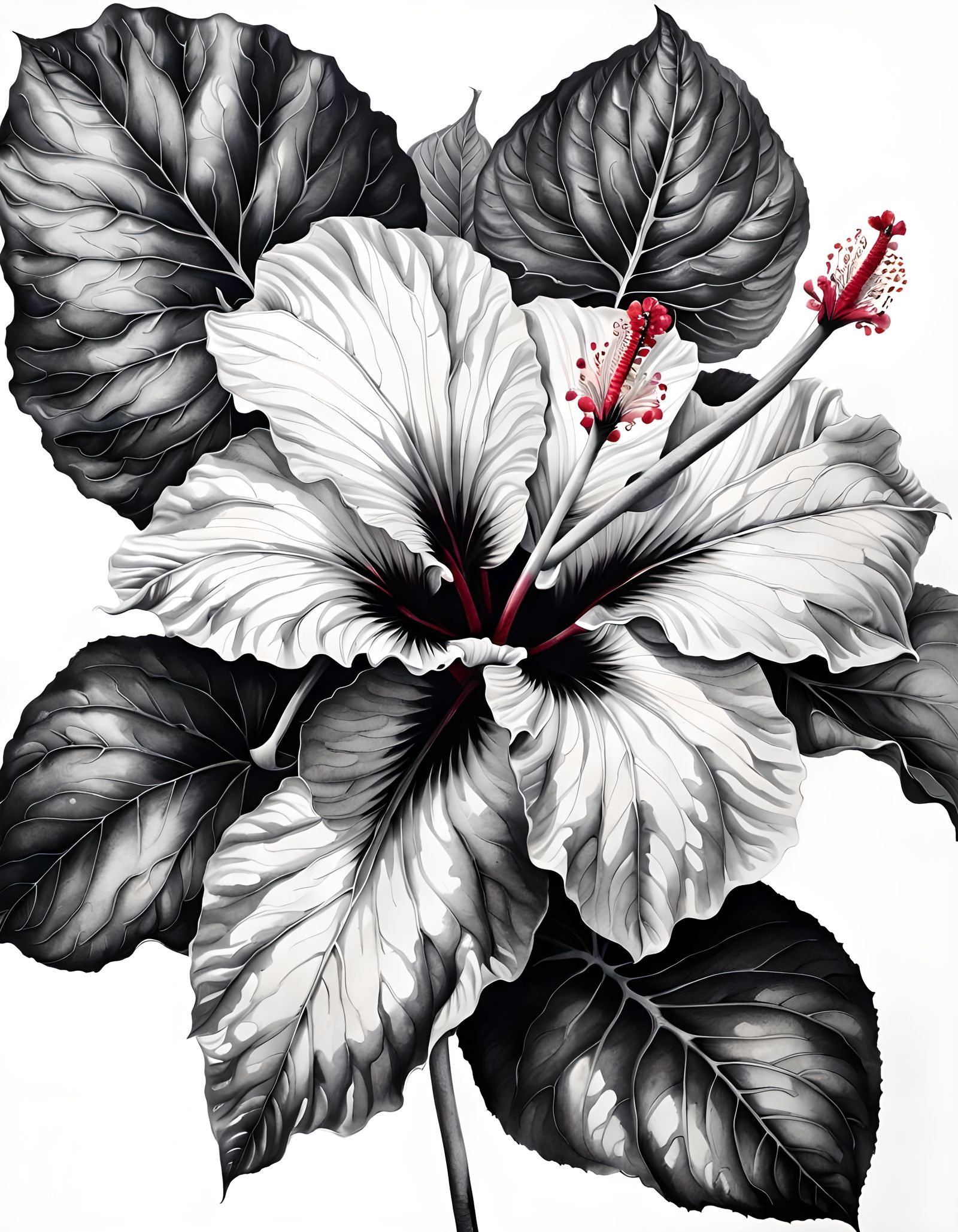 Botanical ink painting of a hibiscus flower and caladium lea...