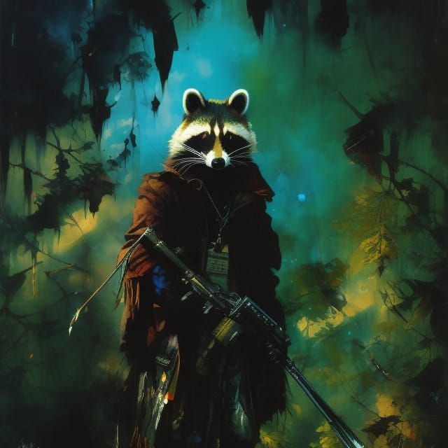 Raccoon King Gouache Painting in Samurai Style